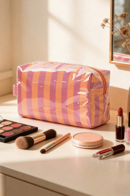Rose Red PVC Striped Cosmetic Bag Durable Zipper Handle Travel Organizer