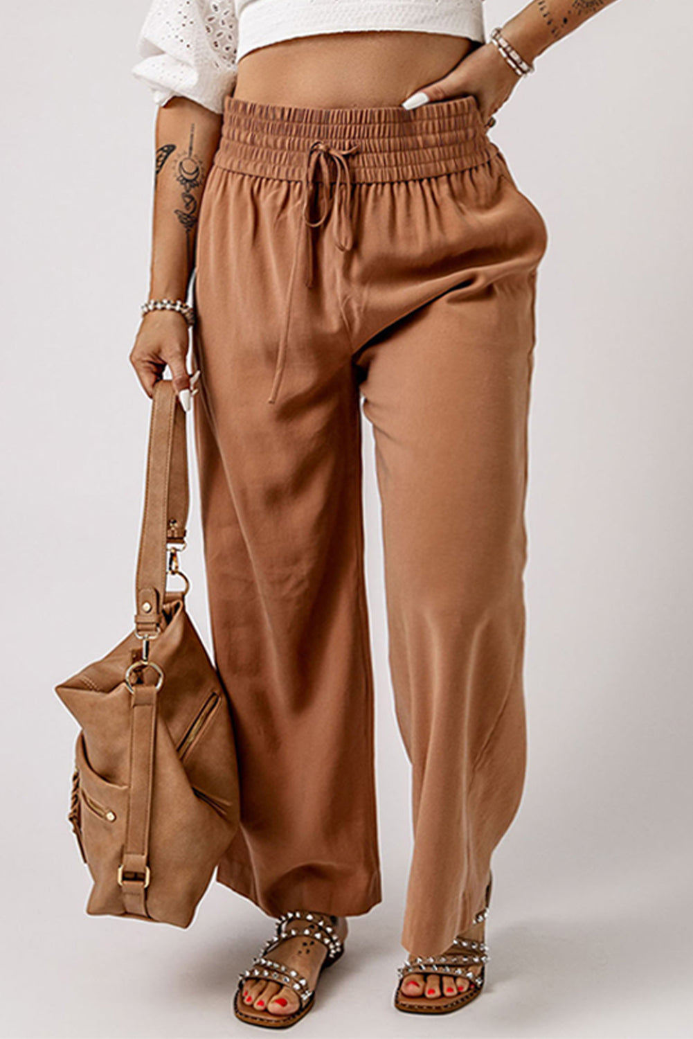 Drawstring Elastic Waist Casual Wide Leg Pants