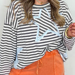 Gray Stripe Starry Patch Drop Shoulder Raw Edge Casual Knit Top