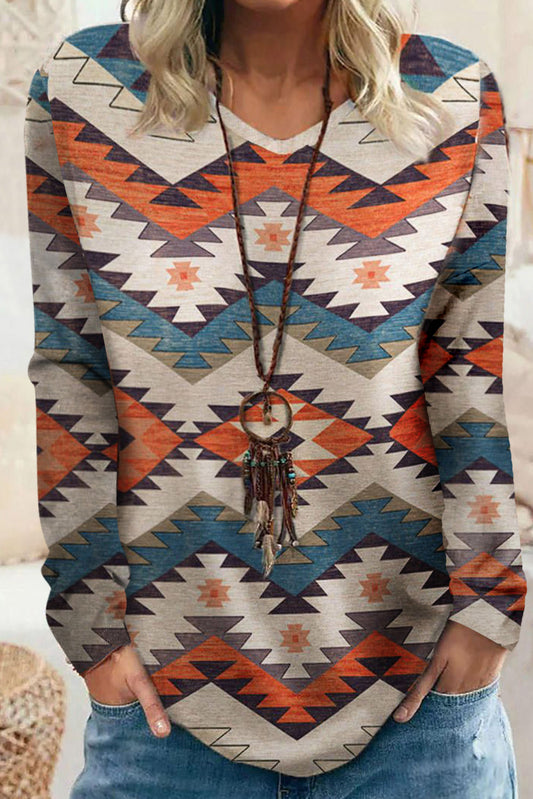 Top de manga larga con cuello en V y estampado azteca multicolor 