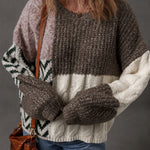 Brown Color Block Patchwork Knotted Back Loose Fit Sweater