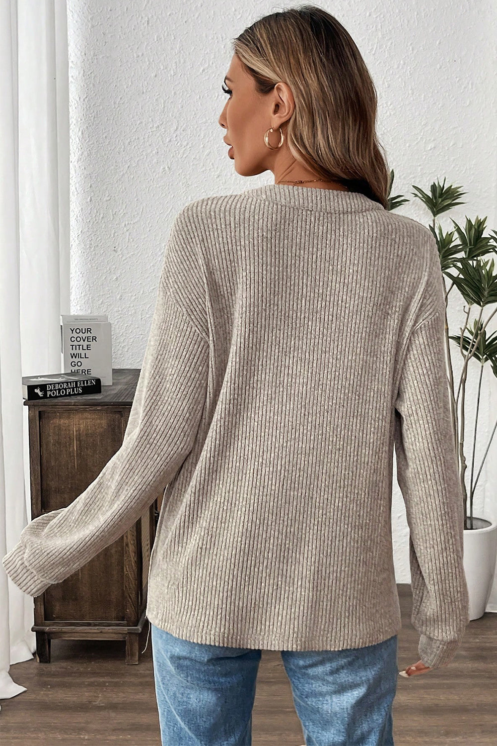 Simply Taupe Ribbed Texture Drop Shoulder Henley Knit Top