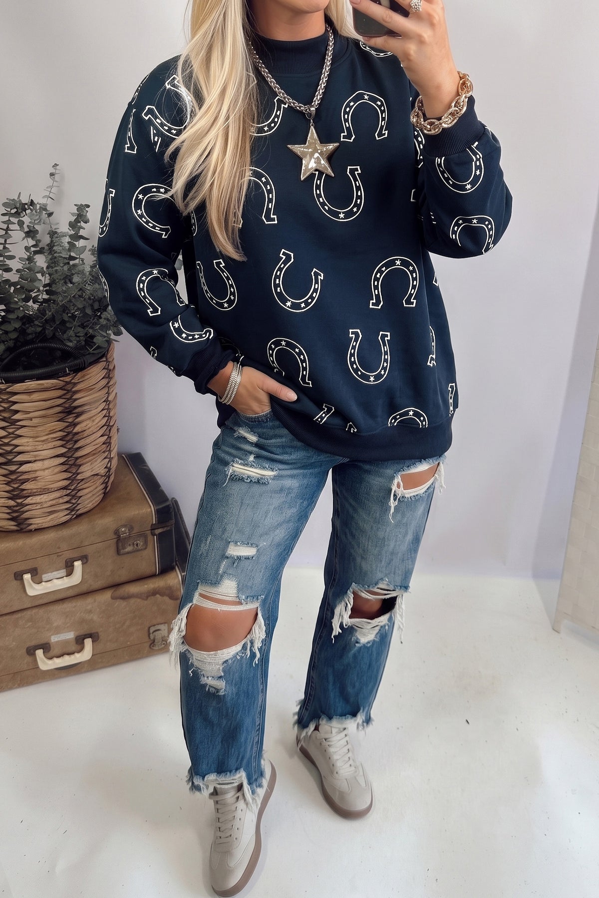 Blue Western Horseshoe Print Mock Neck Casual Pullover Sweatshirt