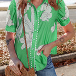 Green Floral Ric Rac Edge Puff Sleeve Button Up Summer Shirt