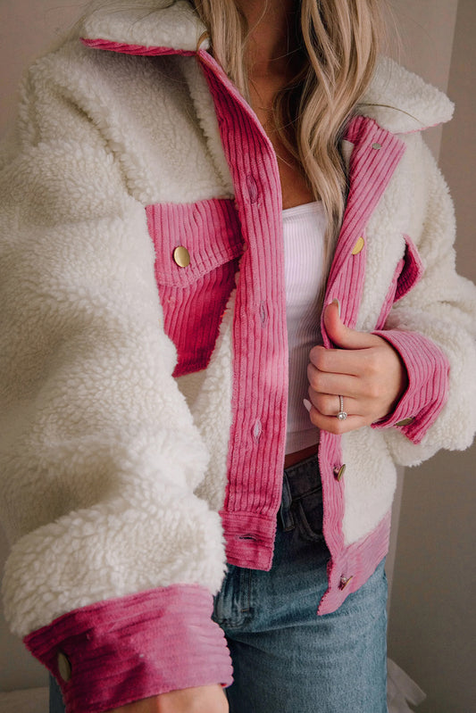 Chaqueta corta con botones de patchwork de pana sherpa multicolor
