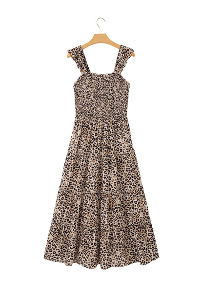Brown Ruffled Straps Smocked Tiered Leopard Maxi Dress