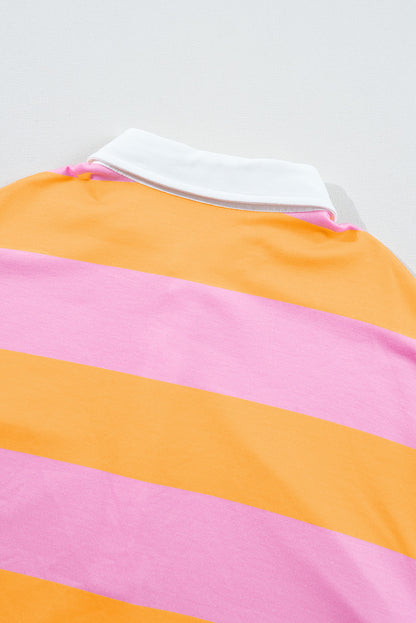 Yellow Stripe Color Block Polo Collar Sweatshirt