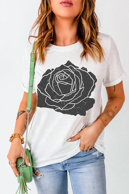T-shirt col rond blanc à imprimé grandes roses