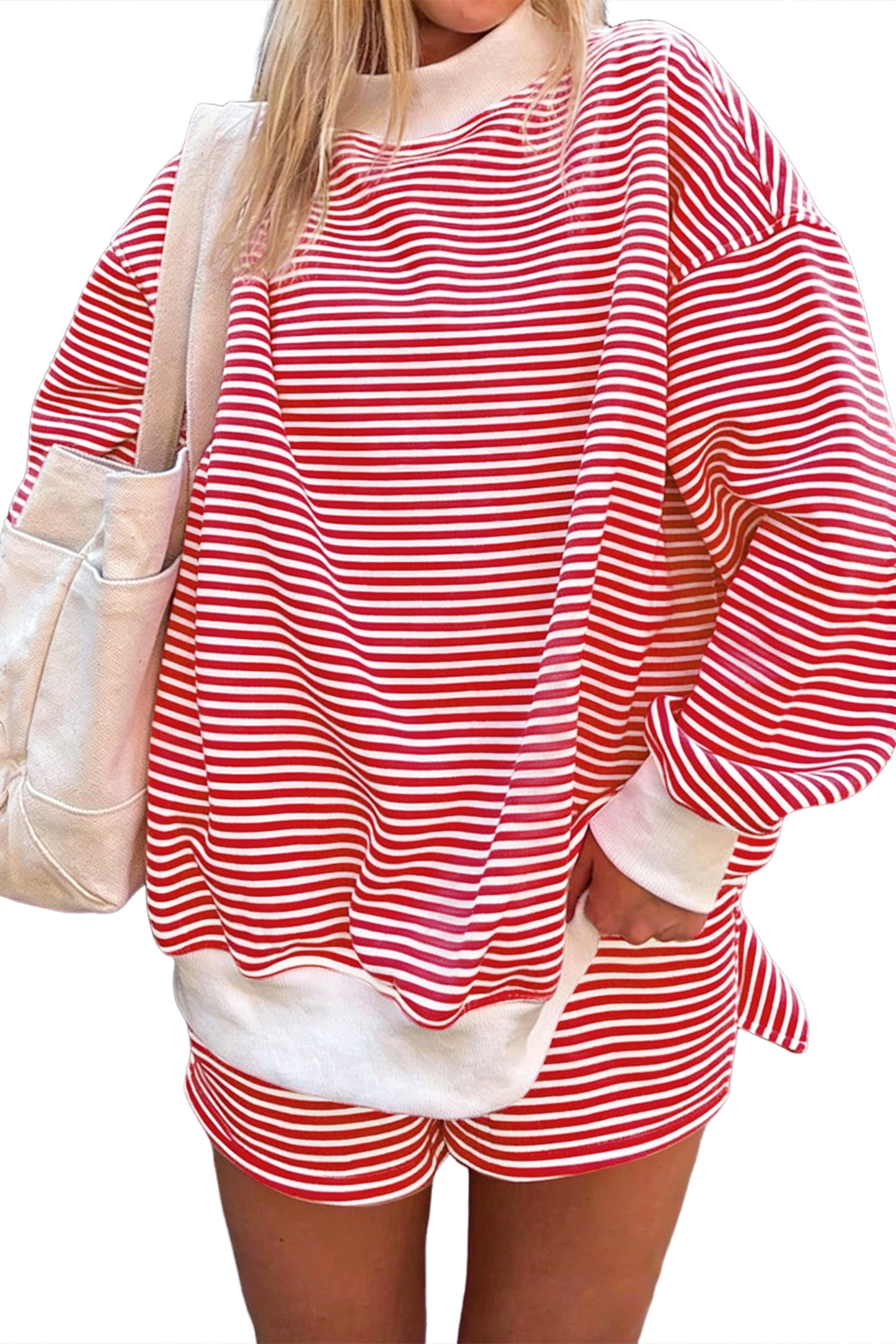 Pink Stripe Oversize Mock Neck Sweatshirt and Shorts Set
