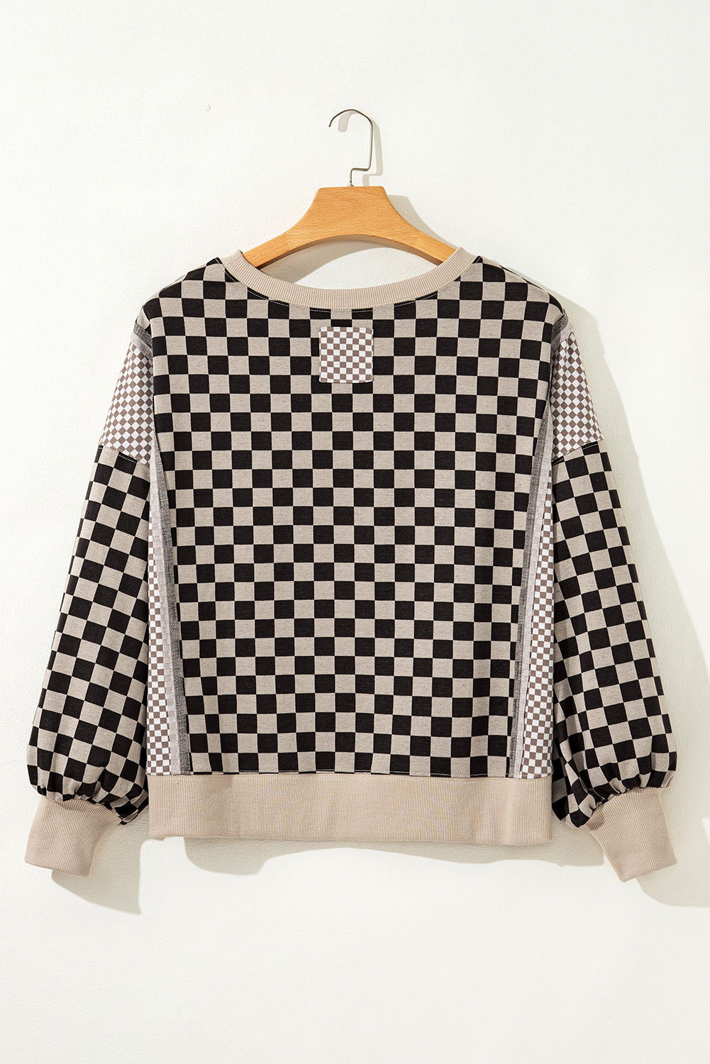 Khaki Mixed Checkered Pattern Patchwork High Low Casual Top