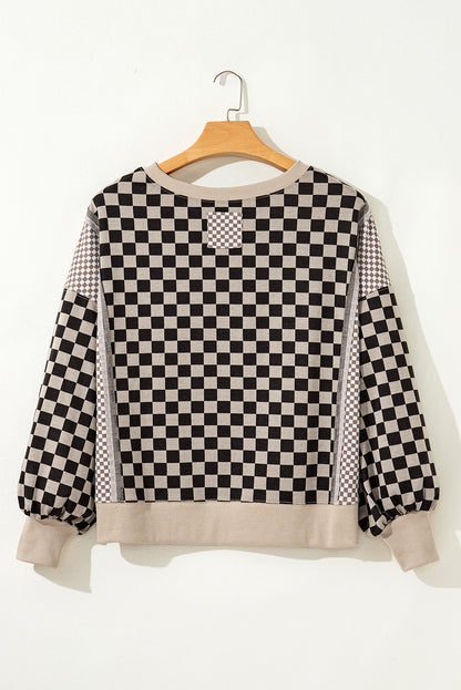 Khaki Mixed Checkered Pattern Patchwork High Low Casual Top