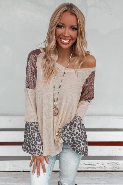 Tunique à col en V et manches cloche en patchwork de paillettes léopard