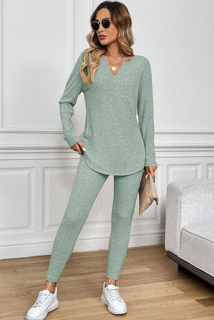 Grass Green Ribbed Notched Neck Knit Long Sleeve Leggings Two Pieces Lounge Set