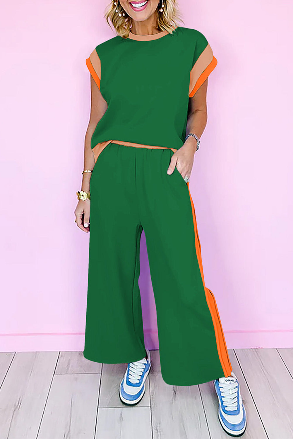 Dark Green Color Block Detail Casual Two-piece Set