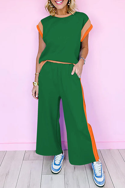 Dark Green Color Block Detail Casual Two-piece Set