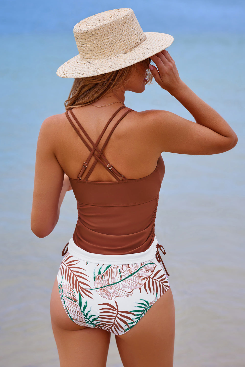 Maillot de bain tankini 2 pièces rouge minéral avec cordon de serrage et effet gainant