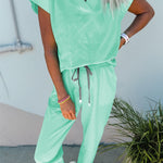 Mint Green Solid Color V Neck Tee Drawstring Pant Set