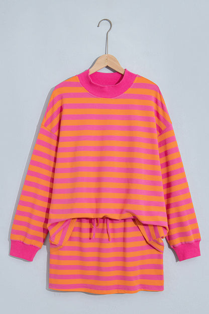 Orange Stripe Color Block Patchwork Mock Neck Pullover Drawstring Mini Skort Set