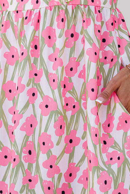 Robe longue rose à imprimé floral, col carré et bretelles à volants