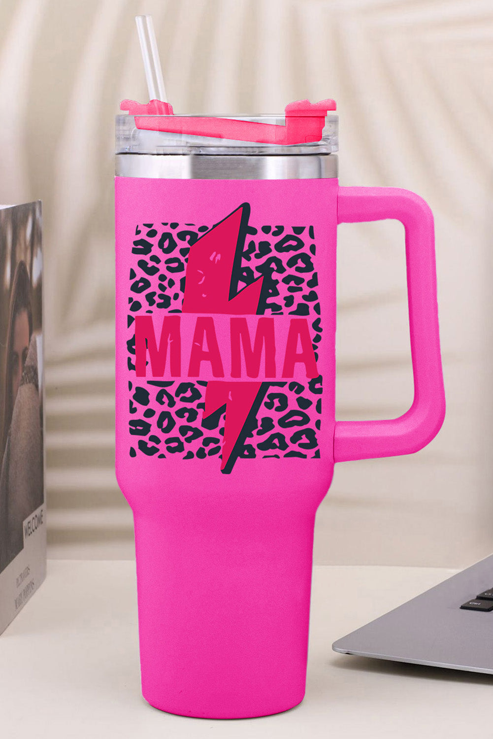 Tasse isotherme en acier inoxydable à imprimé léopard Mama avec poignée 40 oz