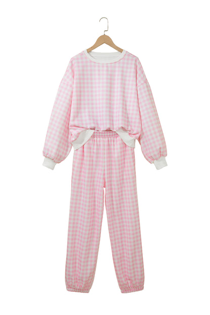 Pink Plaid Long Sleeve Two Piece Pant Set