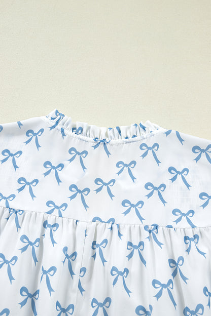 Sky Blue Ruffled Short Sleeve Plus Size Bow Top