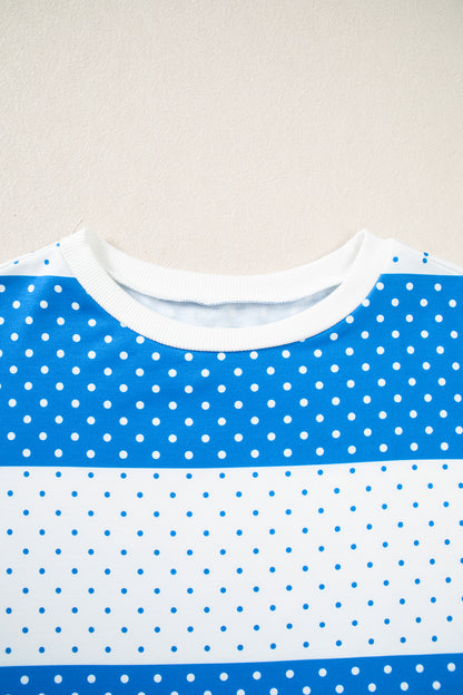 Blue Polka Dot Patchwork Colorblock Long Sleeve Top