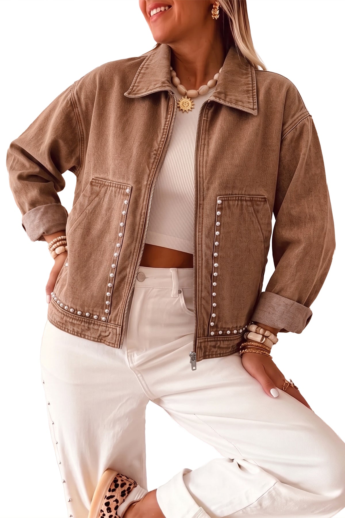 Coffee Studded Metal Zipper Rivet Pockets Long Sleeve Denim Jacket