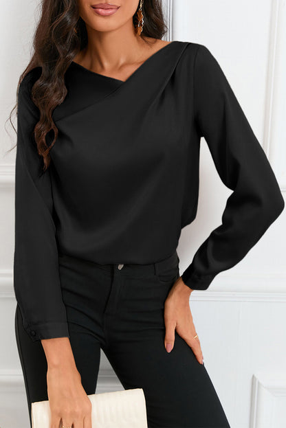 White Solid Asymmetric V Neck Long Sleeve Satin Blouse