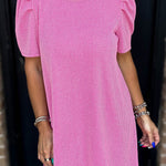 Bright Pink Corded Knit Crew Neck Puff Sleeve Shift Mini Dress