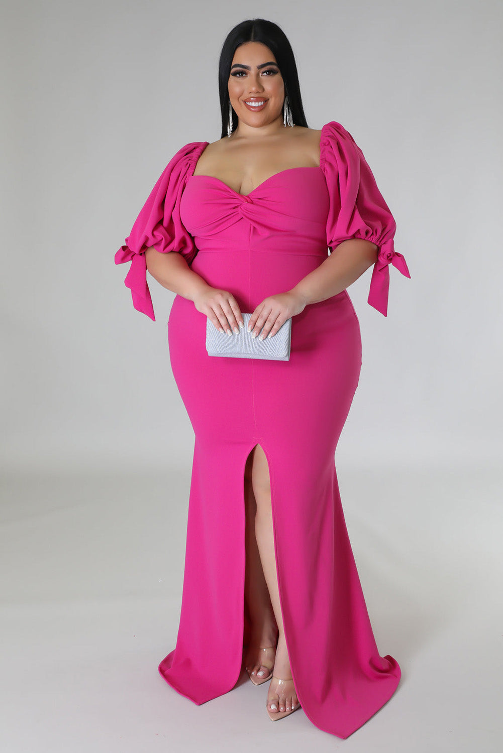 Bow Tie Puff Sleeve Plus Size High Slit Maxi Dress