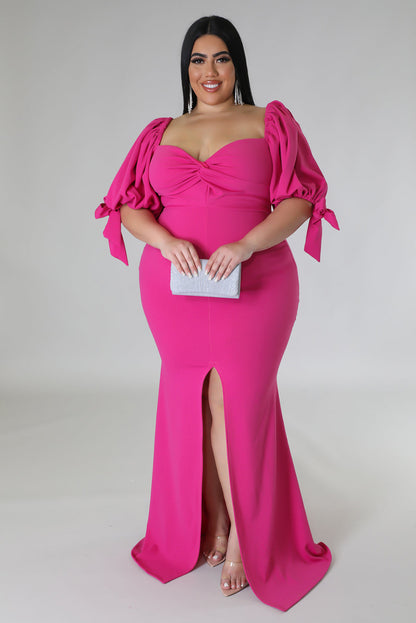 Bow Tie Puff Sleeve Plus Size High Slit Maxi Dress