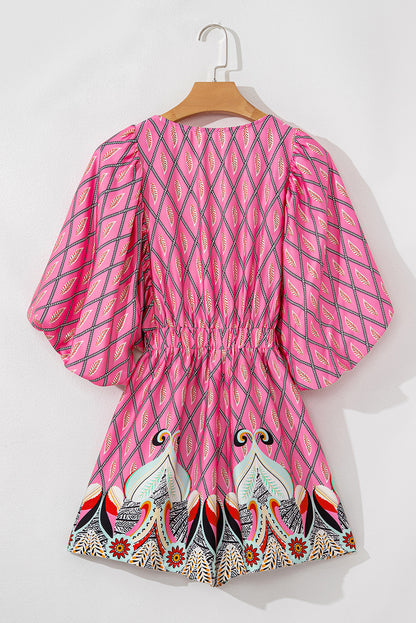 Combinaison taille haute à col en V et imprimé géométrique cachemire rose