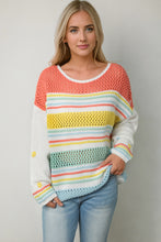 Suéter con mangas en contraste de punto de rayas huecas multicolor 