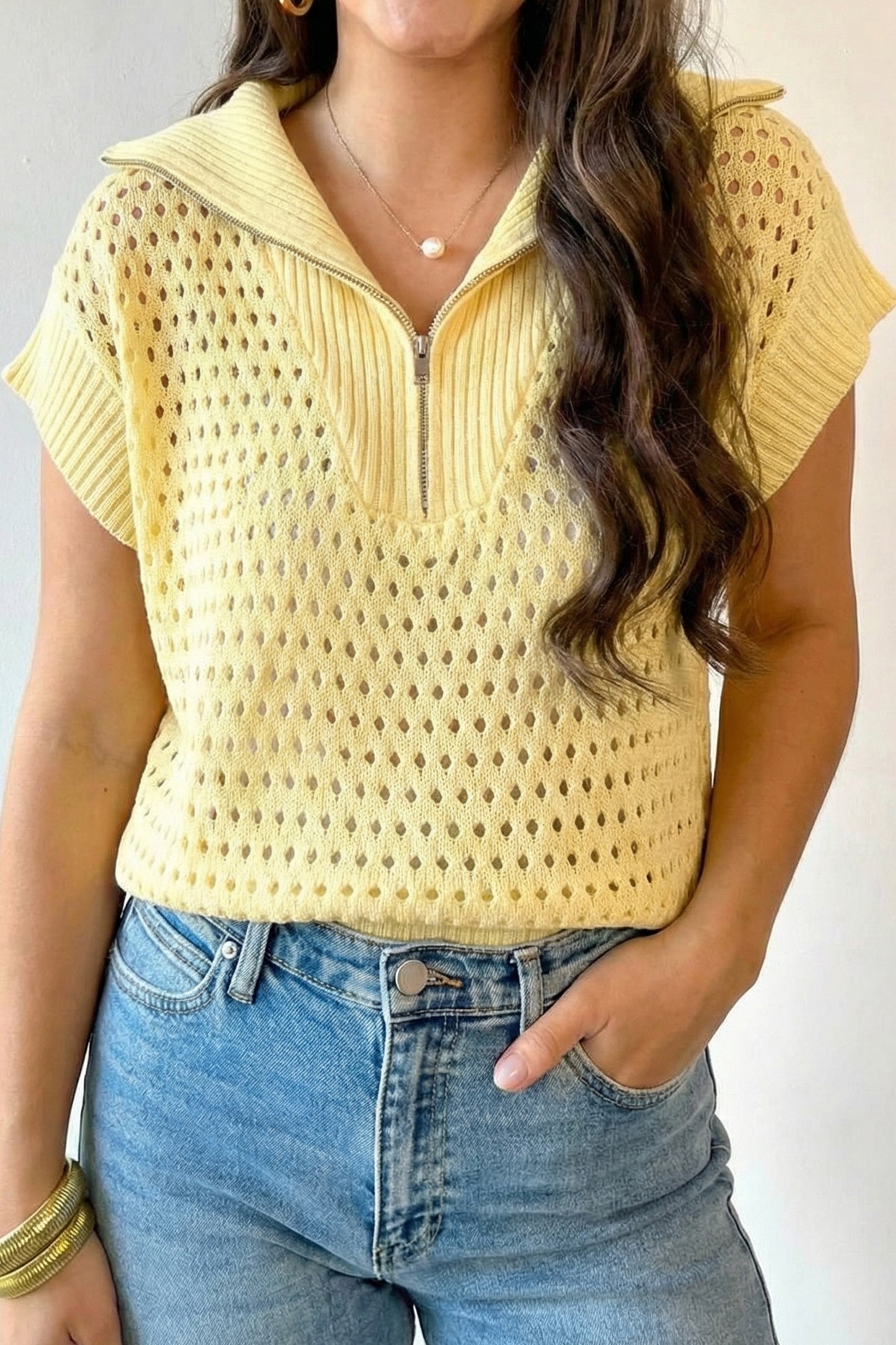 Yellow Solid Color Hollowed Knit Short Sleeve Zipper Collar Knitwear Top