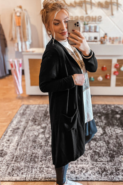 Cardigan noir uni ouvert sur le devant avec poche