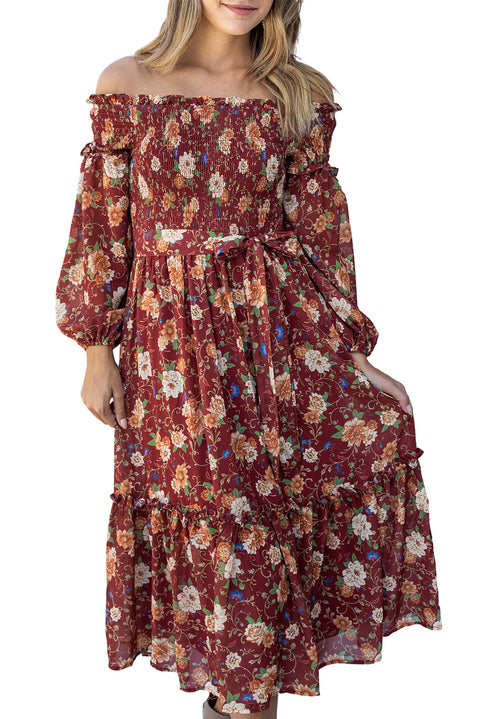 Ruby Frilled Shirred Knotted High Waist Floral Dress