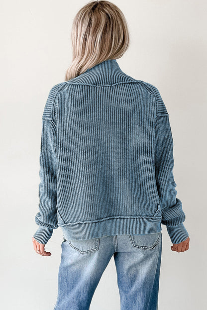 Dark Brown Mineral Wash Exposed Seam Patchwork Knit Open Sweater Cardigan