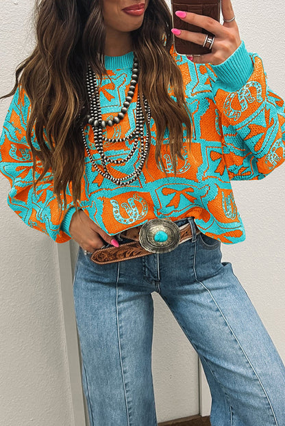 Light Blue Bows & Horseshoes Pattern Western Fashion Print Sweater