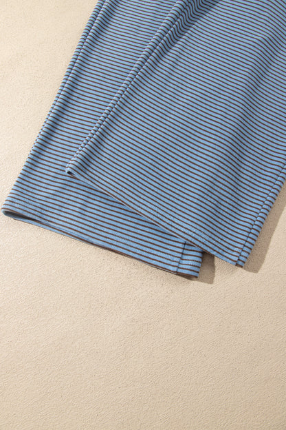 Blue Stripe Contrast Trim Round Neck Oversize Long Sleeve Top 2pcs Pant Set