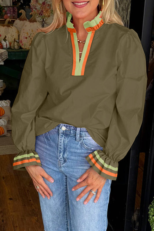 Four Leaf Clover Striped Trim Ruffle Split Neck Long Sleeve Blouse