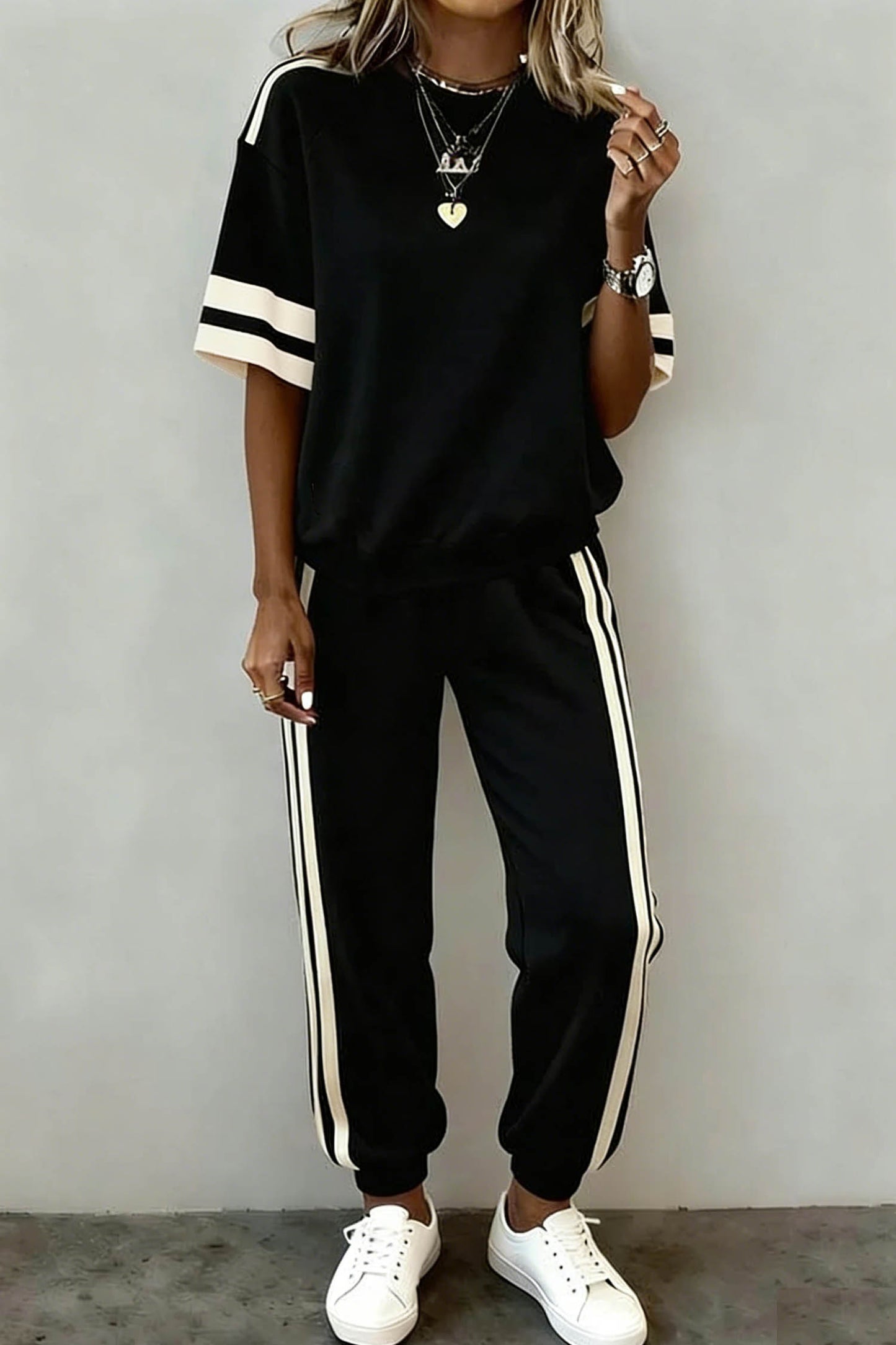 Black Varsity Striped Detail Loose Tee Jogger Pants 2pcs Outfit