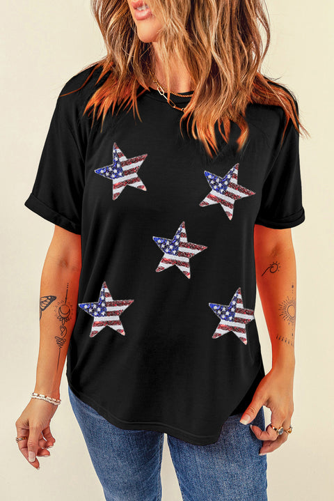 Black Sequined American Flag Star Graphic T Shirt