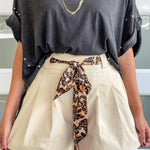 Oatmeal Leopard Contrast Sash Belt Pleated Wide Leg Shorts