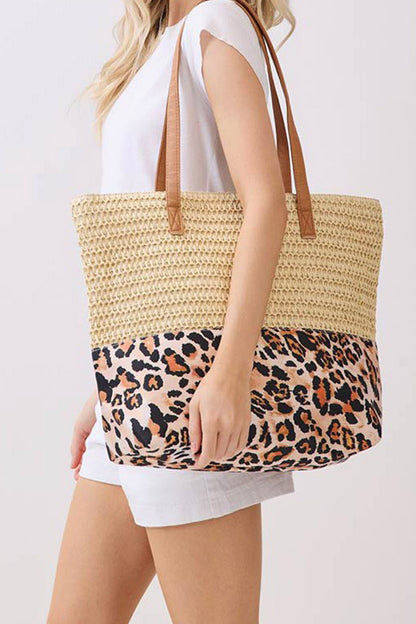 Beige Straw Woven Leopard Patchwork Large Tote Bag