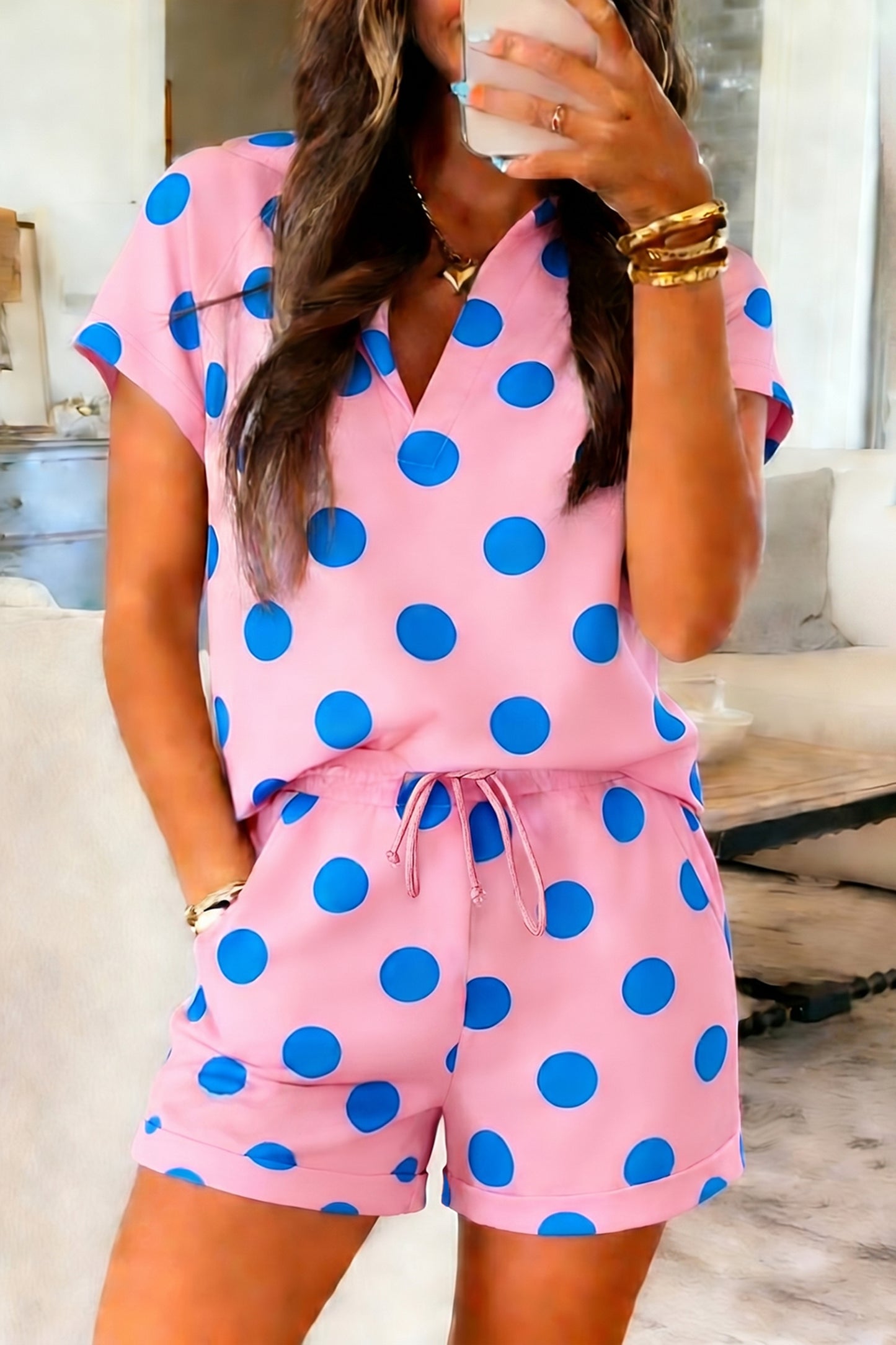 Green Polka Dot Print V Neck Tee Short Set