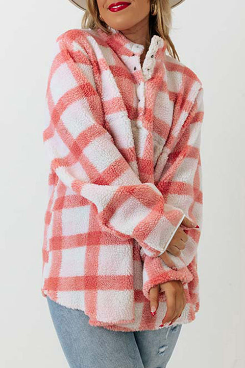 Sudadera Sherpa Henley a cuadros tipo túnica rosa de talla grande 