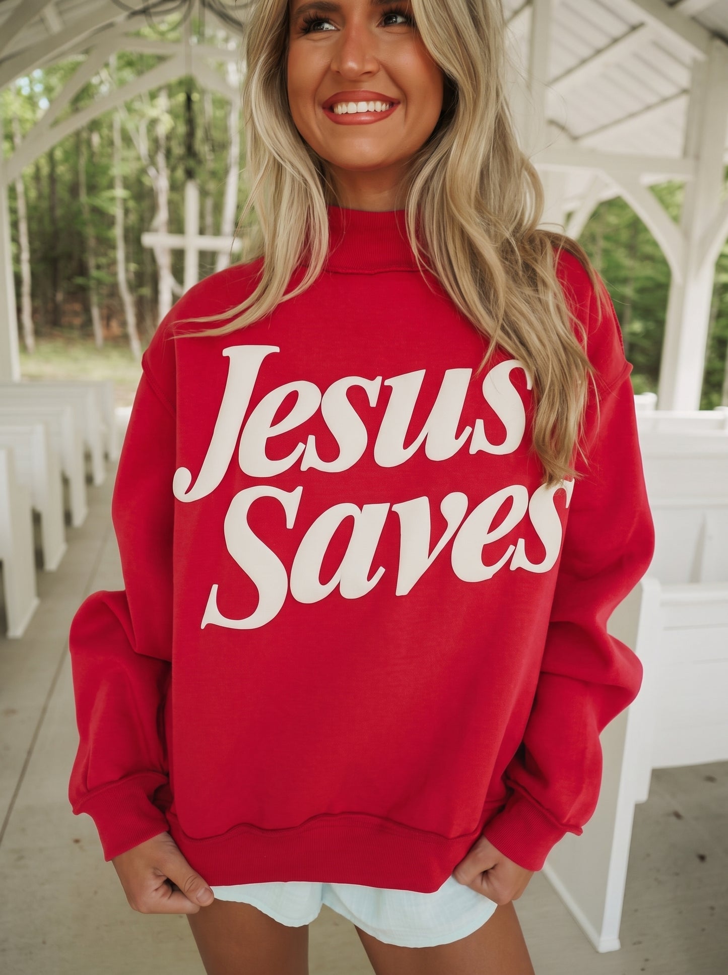 Fiery Red Jesus Saves Slogan Print Stand Neck Baggy Sweatshirt
