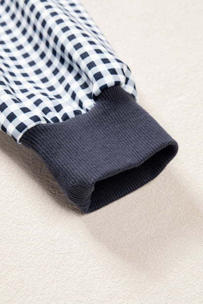 Navy Blue Plaid Sleeve Colorblock Loose Tunic Sweatshirt