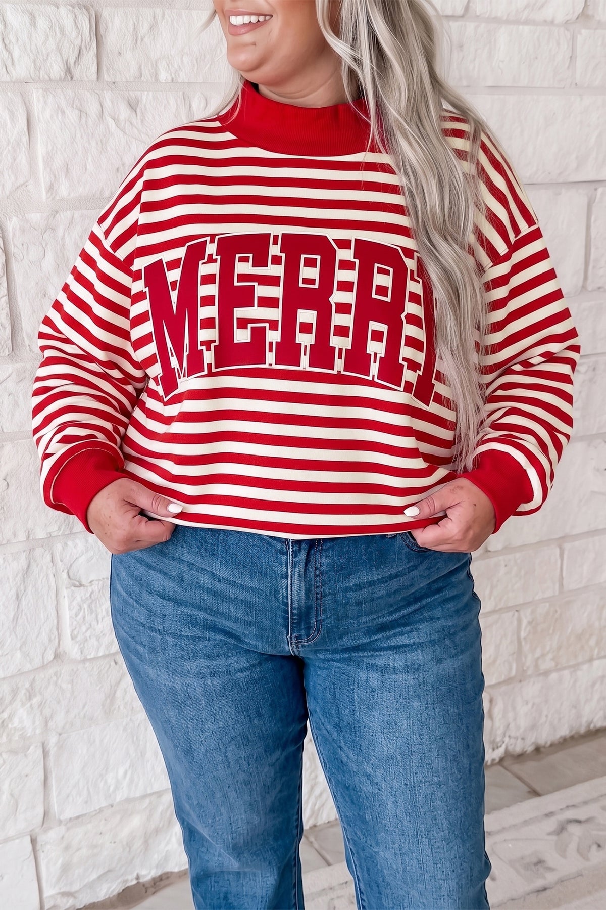 Red Stripe Plus Size MERRY Festive Letter Embroidery Patched Graphic Pullover Sweatshirt